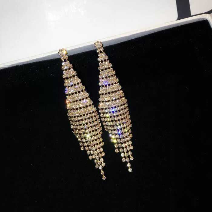 Gold rhinestone tassel clip earrings, long layered drop with glittering tiered beads