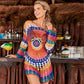Colorful crochet cover-up tunic with long sleeves, mandala center and fringe hem