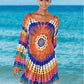 Crochet beach tunic dress, multicolor mandala print, long bell sleeves
