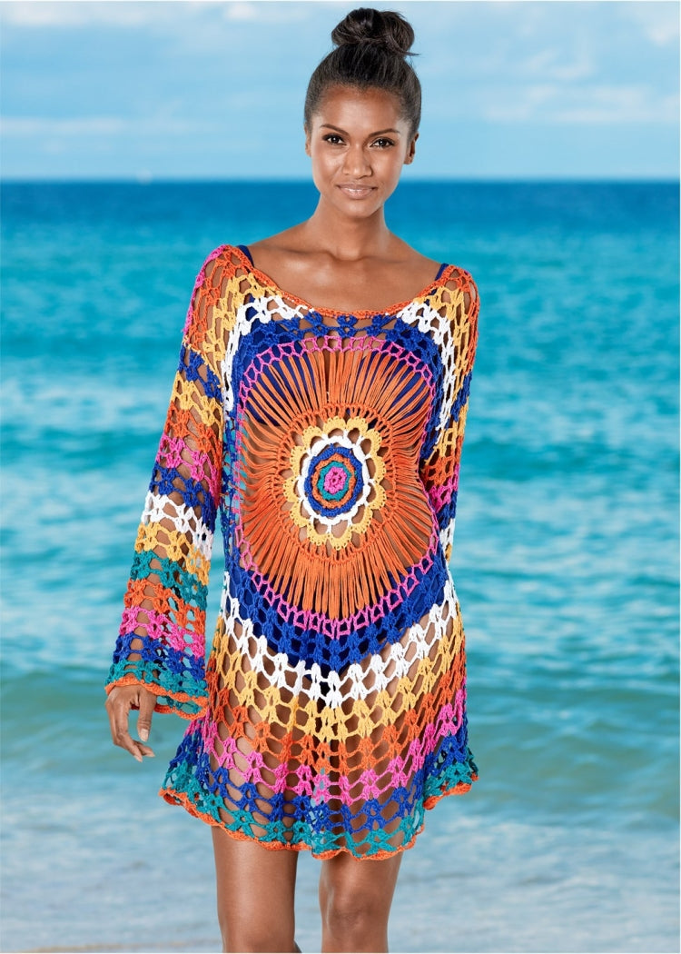 Crochet beach tunic dress, multicolor mandala print, long bell sleeves