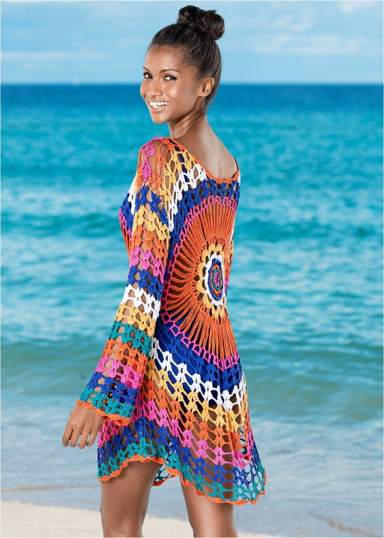 Multicolor crochet tunic dress with mandala motif, flared sleeves and curved hem