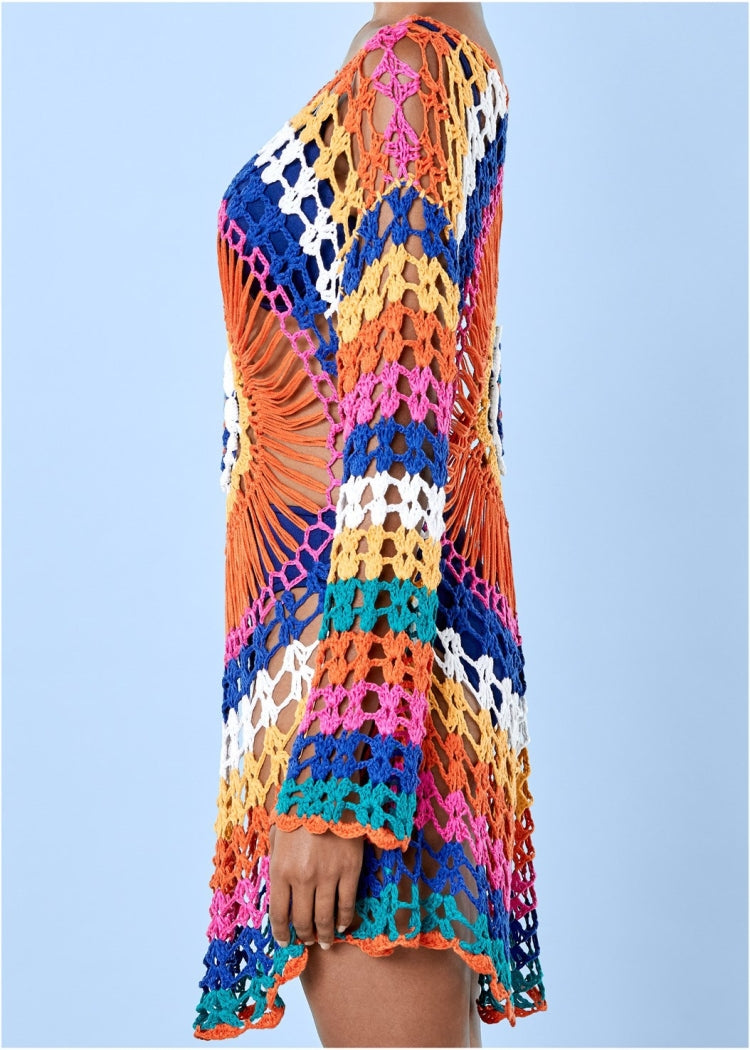 Crochet tunic dress back view, multicolor hollow-knit pattern and long fringe trim