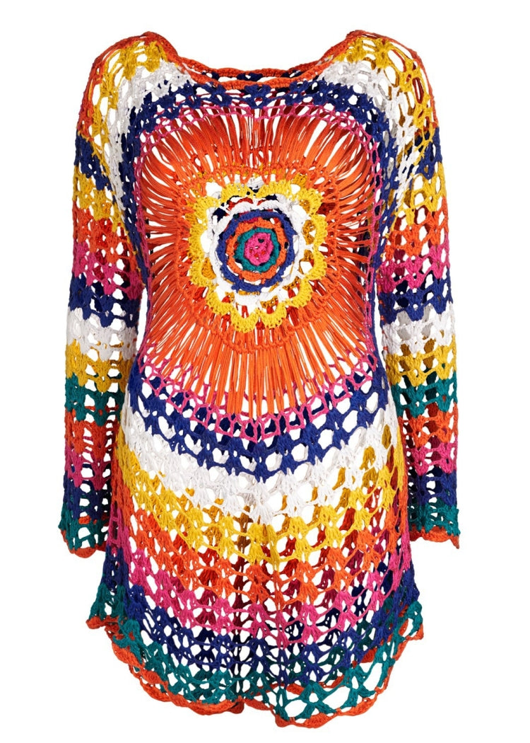 Front crochet tunic dress with multicolor circular mandala design, scoop neckline