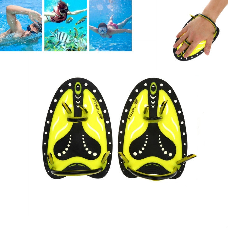 Two hand webbed swim gloves in neon yellow and black, finger webbing and wrist strap