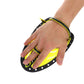 Neon yellow and black hand webbed swim glove on hand with wrist strap visible