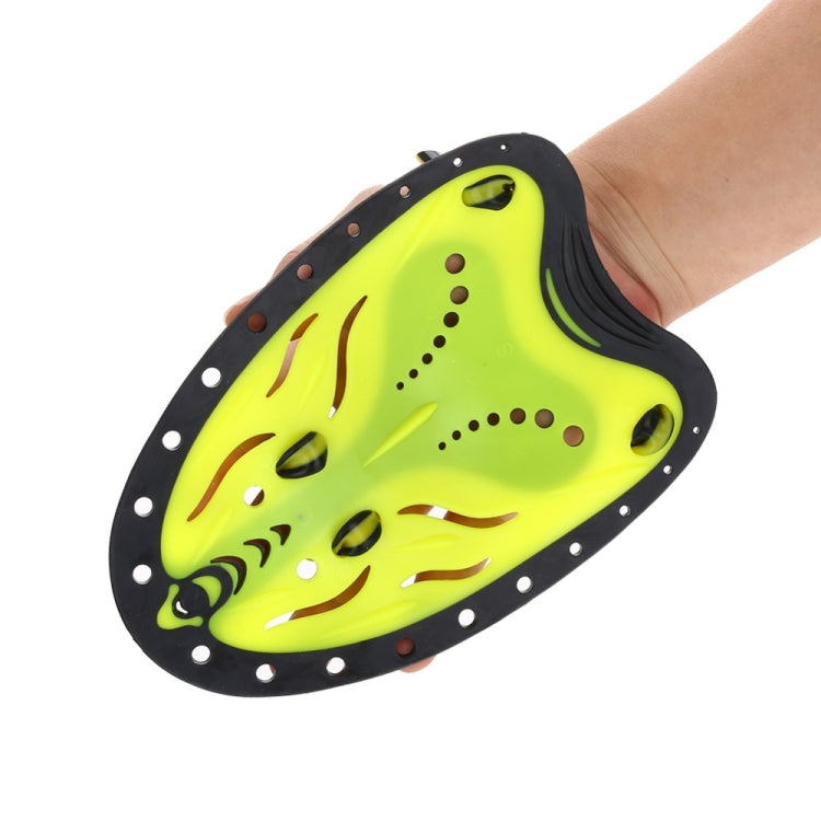 Close-up of neon yellow and black hand webbed swim glove with finger webbing