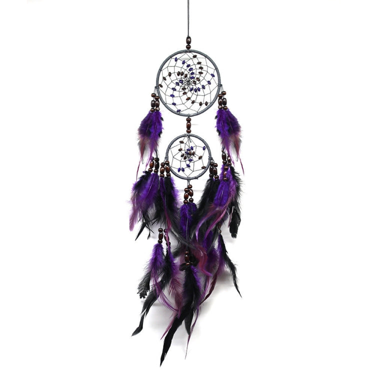 Purple feather dream catcher wall hanging with two nested beaded hoops and tassels