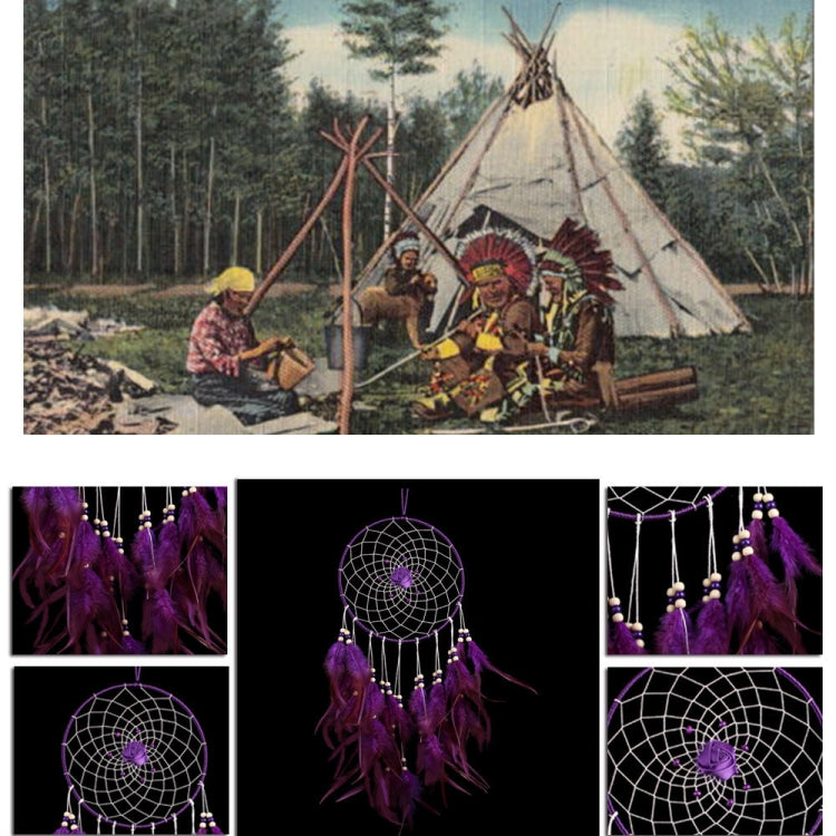 Purple dreamcatcher set of views: hoop web, bead details, and feather fringe.