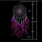 Purple dreamcatcher ornament with hanging feathers and hoop web; size diagram shown.