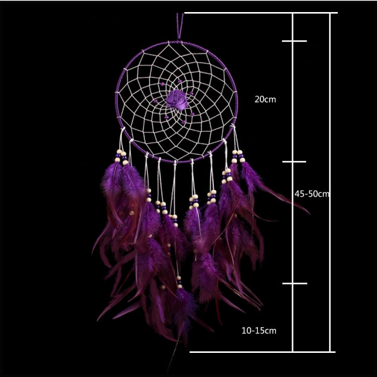 Purple dreamcatcher ornament with hanging feathers and hoop web; size diagram shown.