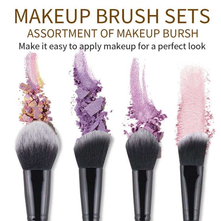 Makeup brush set featuring four large fluffy brushes with soft gray bristles on black handles