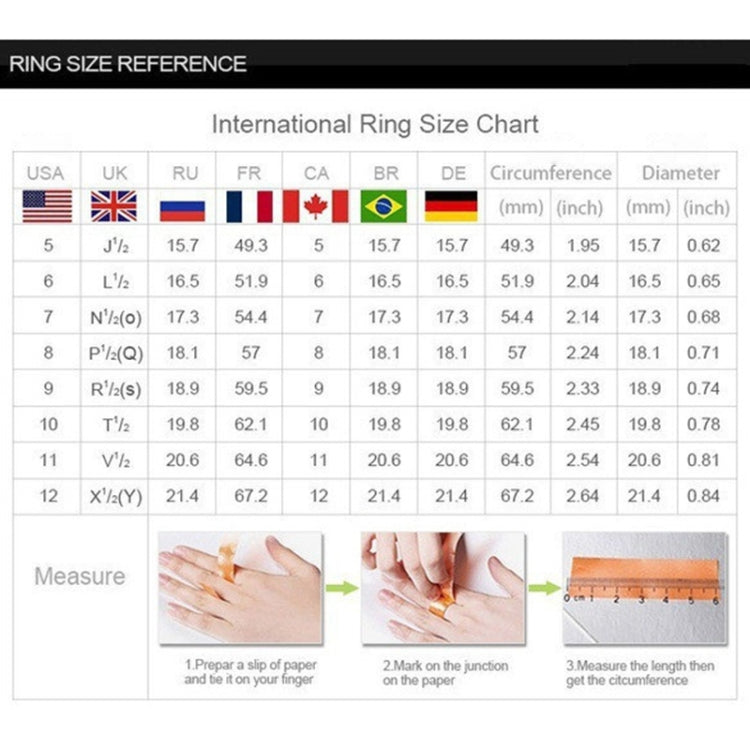 Ring size reference chart graphic with international sizing measurements