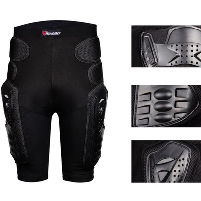 Black protective motorcycle shorts with thigh panels and knee shield guards.