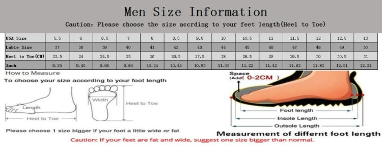 Men size information chart with foot length measurement diagram