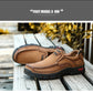 Brown suede slip-on hiking sneaker on bench with thick treaded outsole
