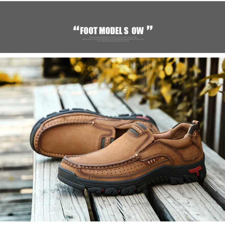 Brown suede slip-on hiking sneaker on bench with thick treaded outsole