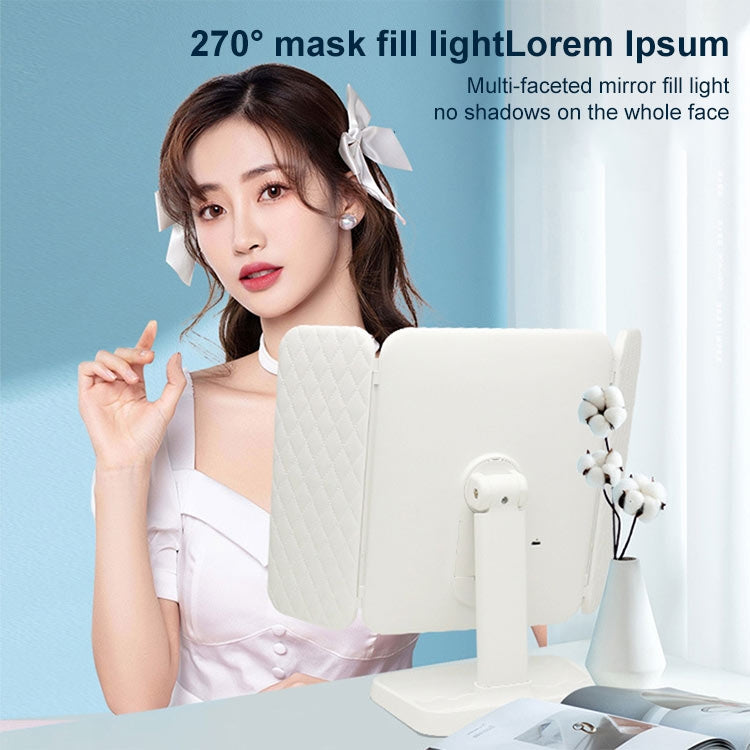 White LED three-fold makeup mirror with screen and side panels on a base