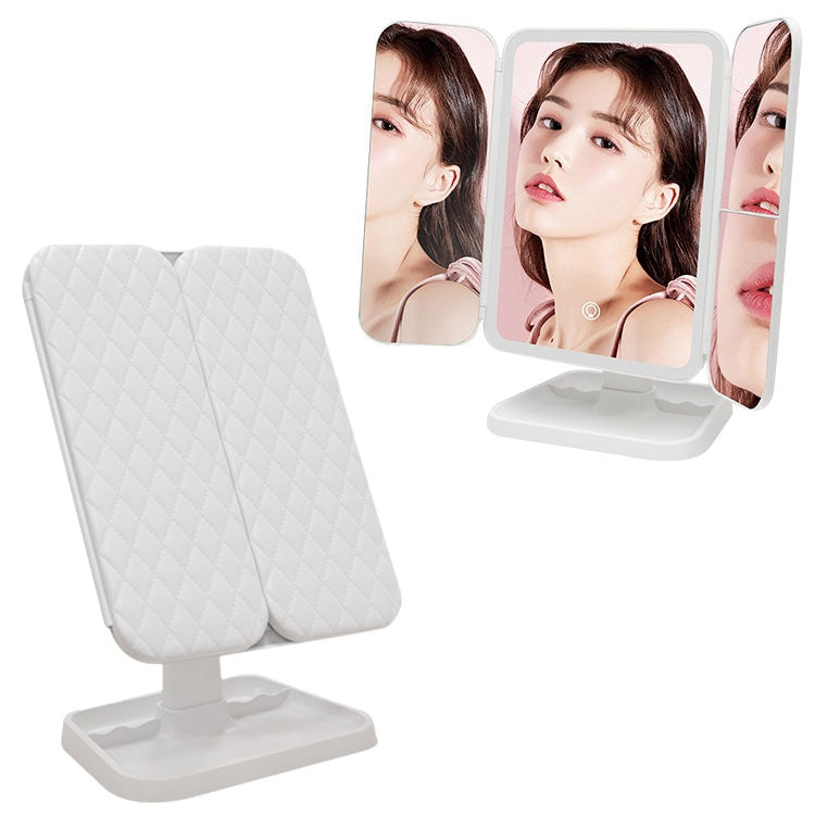 White three-fold LED makeup mirror with side panels and front viewing screen