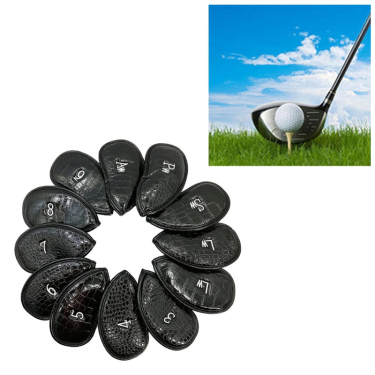 12-piece golf club head cover set, black textured leather-look, numbered caps.
