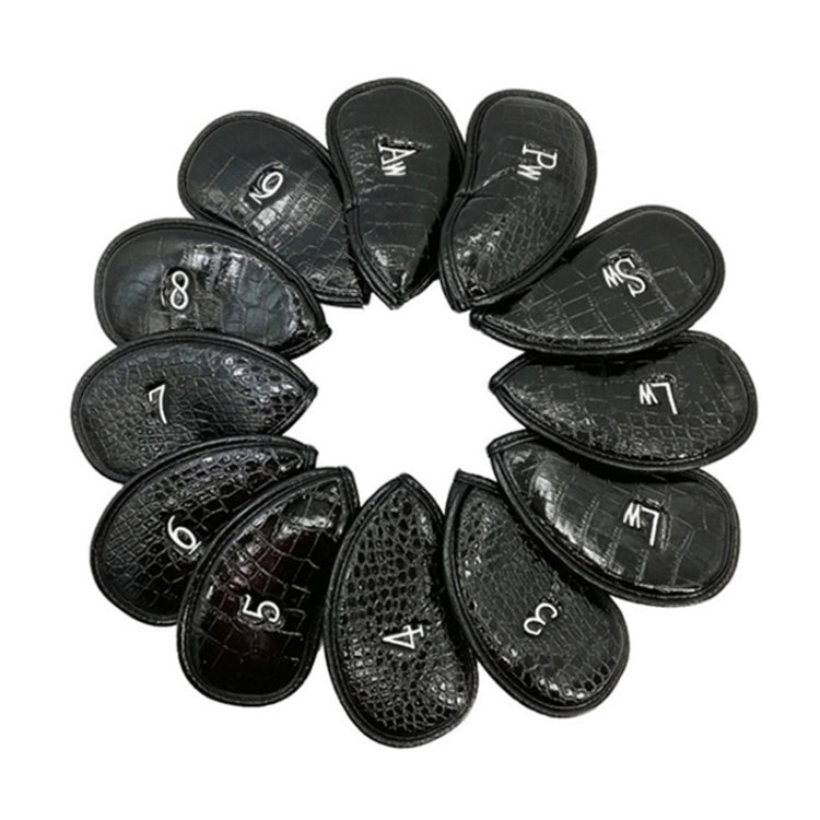 Golf club head cover set with numbered caps, black textured leather-look, 12 pieces.
