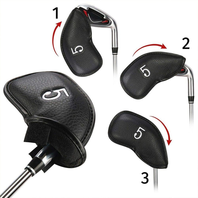 Black golf club head covers with numbered sizes shown (1,3,5) for fitting.