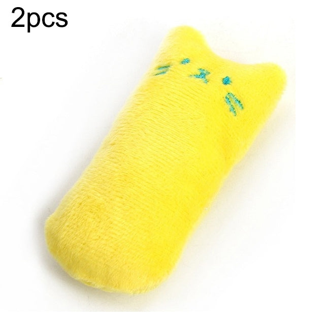 Yellow plush catnip chew toy shaped like a cat paw, embroidered face details