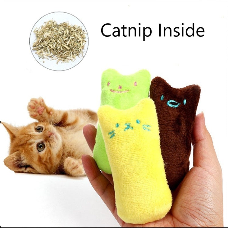 Set of two plush catnip chew toys in yellow and green with stitched cat faces