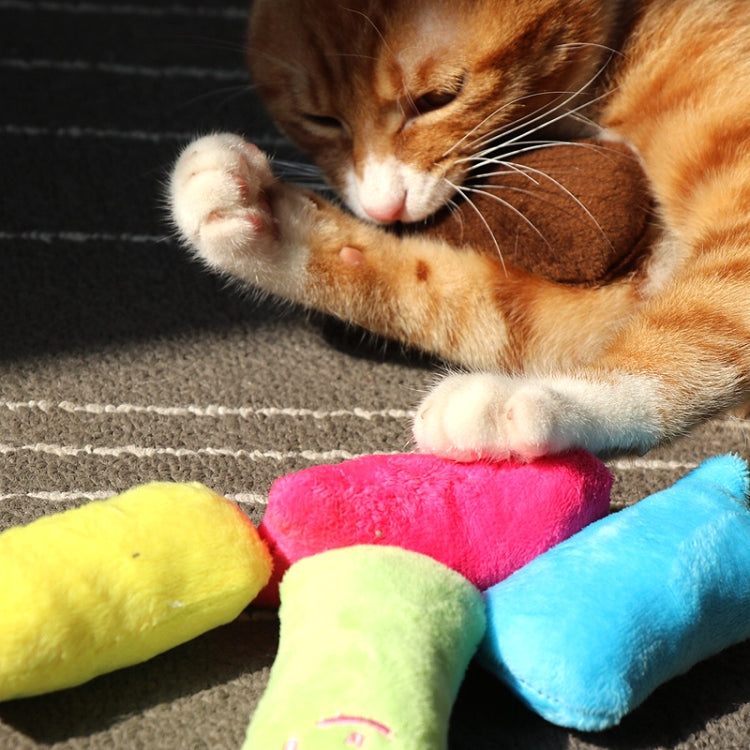 Colorful plush catnip chew toy set, with bright blue, pink, green, and yellow pieces