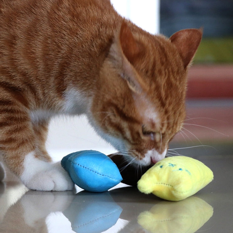 Two plush catnip chew toys in blue and yellow, small stitched cat face details