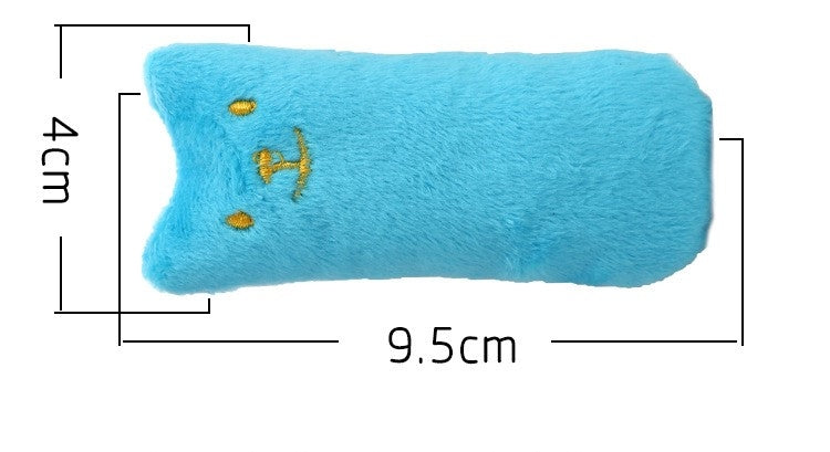 Blue plush catnip chew toy, measuring 9.5 cm long, stitched paw face
