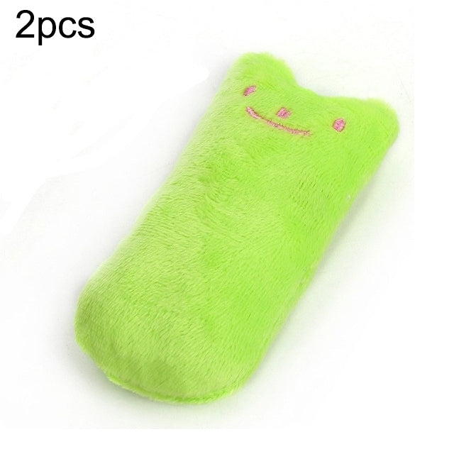 Green plush catnip chew toy shaped like a cat paw, embroidered smiling face