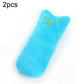 Blue plush catnip chew toy shaped like a cat paw, embroidered yellow face details