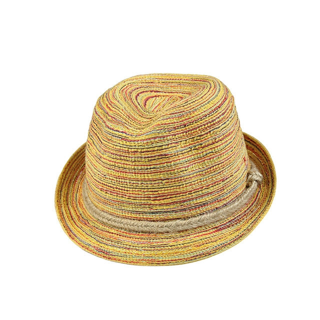 Colorful striped straw foldable hat with curved brim and beige band