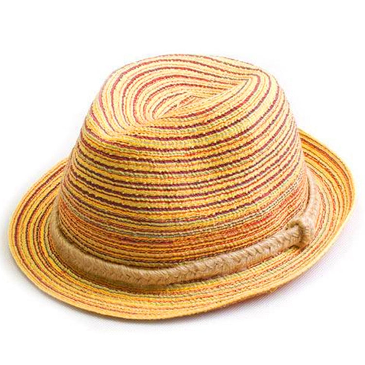Striped straw topee hat with warm yellow and red tones, wide brim, stitched band