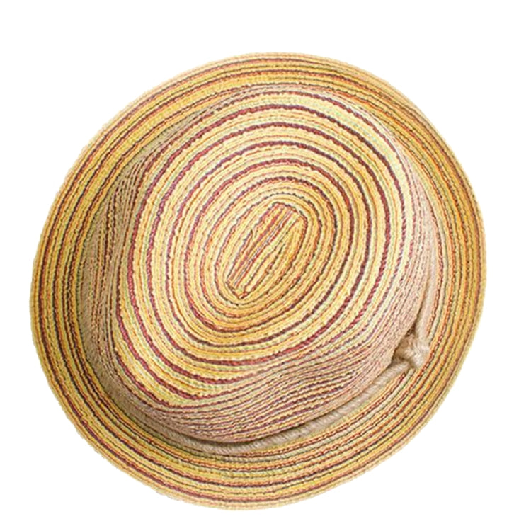 Round view of colorful striped straw hat with beige inner band
