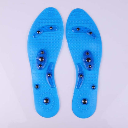 Pair of blue breathable running insoles with gel massage nodes and curved arch support