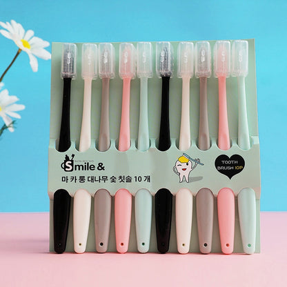 10-piece adult toothbrush set with soft bristles, assorted white, black, mint, and pink handles