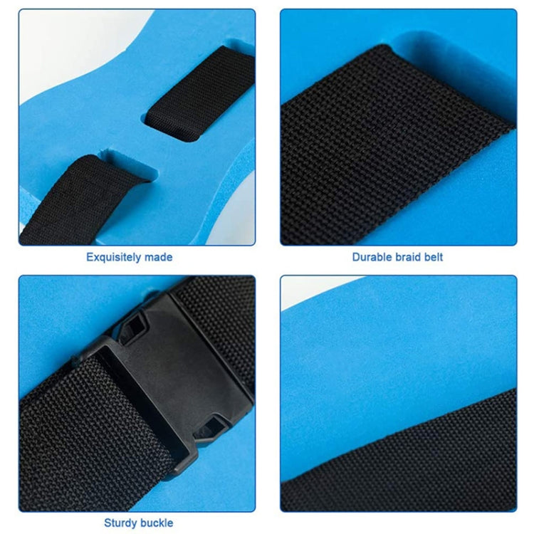 Blue EVA floating foam swim belt detail view of black webbing strap and buckle