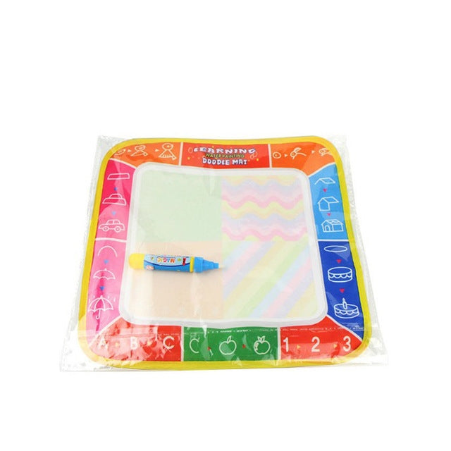 Packaged children’s magic water drawing cloth mat with alphabet numbers and blue pen.