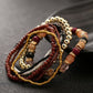 Multi-layer beaded elastic bracelet with burgundy, gold, white, and green beads