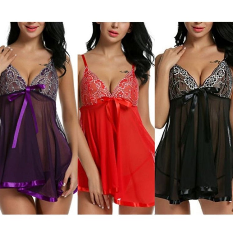 Mesh nightdress in purple, red, and black, lace cups and bow, short flared skirt