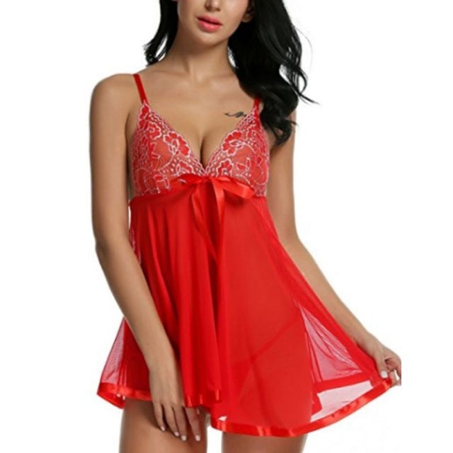 Red sheer nightdress with lace cups, bow at bust, short flared skirt