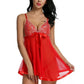 Red mesh nightdress with lace V-neck cups and ribbon bow, flared hem