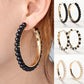 Girls hoop pearl earrings set with black and white bead fringes on gold hoops