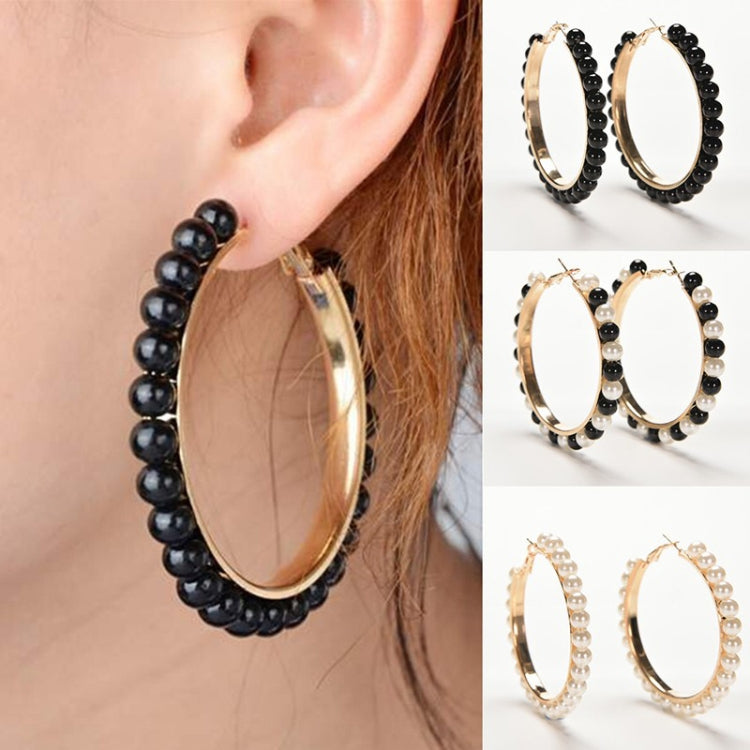 Girls hoop pearl earrings set with black and white bead fringes on gold hoops
