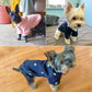 Pink star-pattern pet sweater on a small dog, side view
