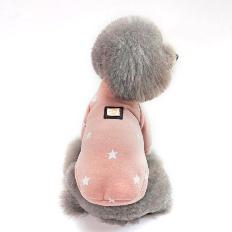 Pink star-pattern pet sweater with plush hood and logo patch, dog back view