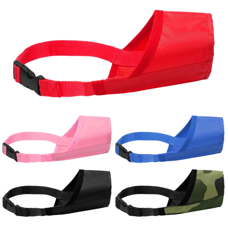 Set of adjustable dog muzzles in red, pink, blue, black, and camouflage colors