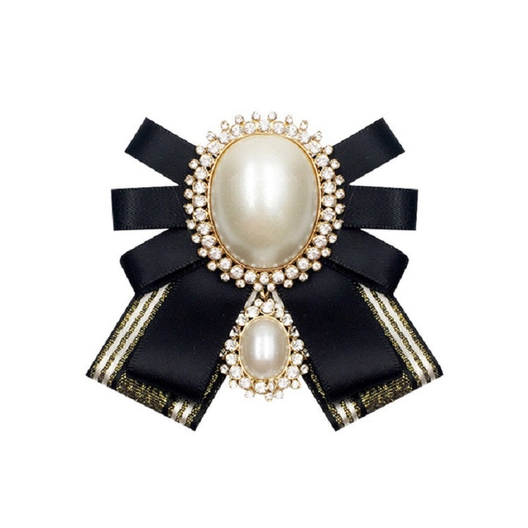 Black satin bow brooch with oval pearl cabochon and rhinestone trim, double pearl detail