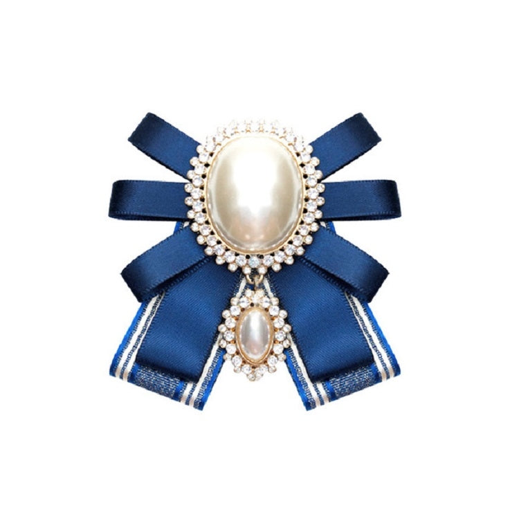 Blue ribbon pearl bow with oval center faux pearl and small drop, embellished with rhinestones